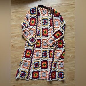 Colorful Vintage Style Crochet Grandma Cardigan with Geometric Patterns - OS